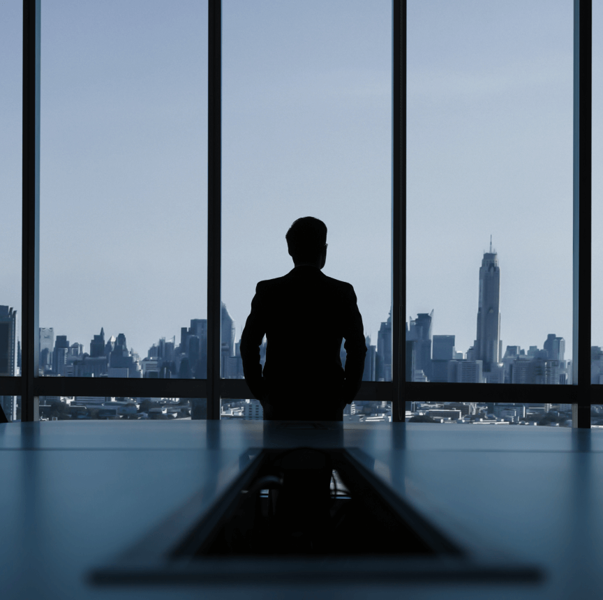 Silhouette of a person looking out a large window at an expansive city skyline.