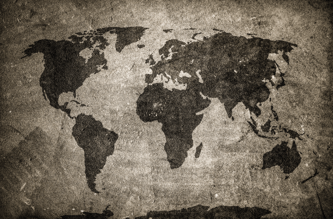 Earth: black and white outlines of the continents.