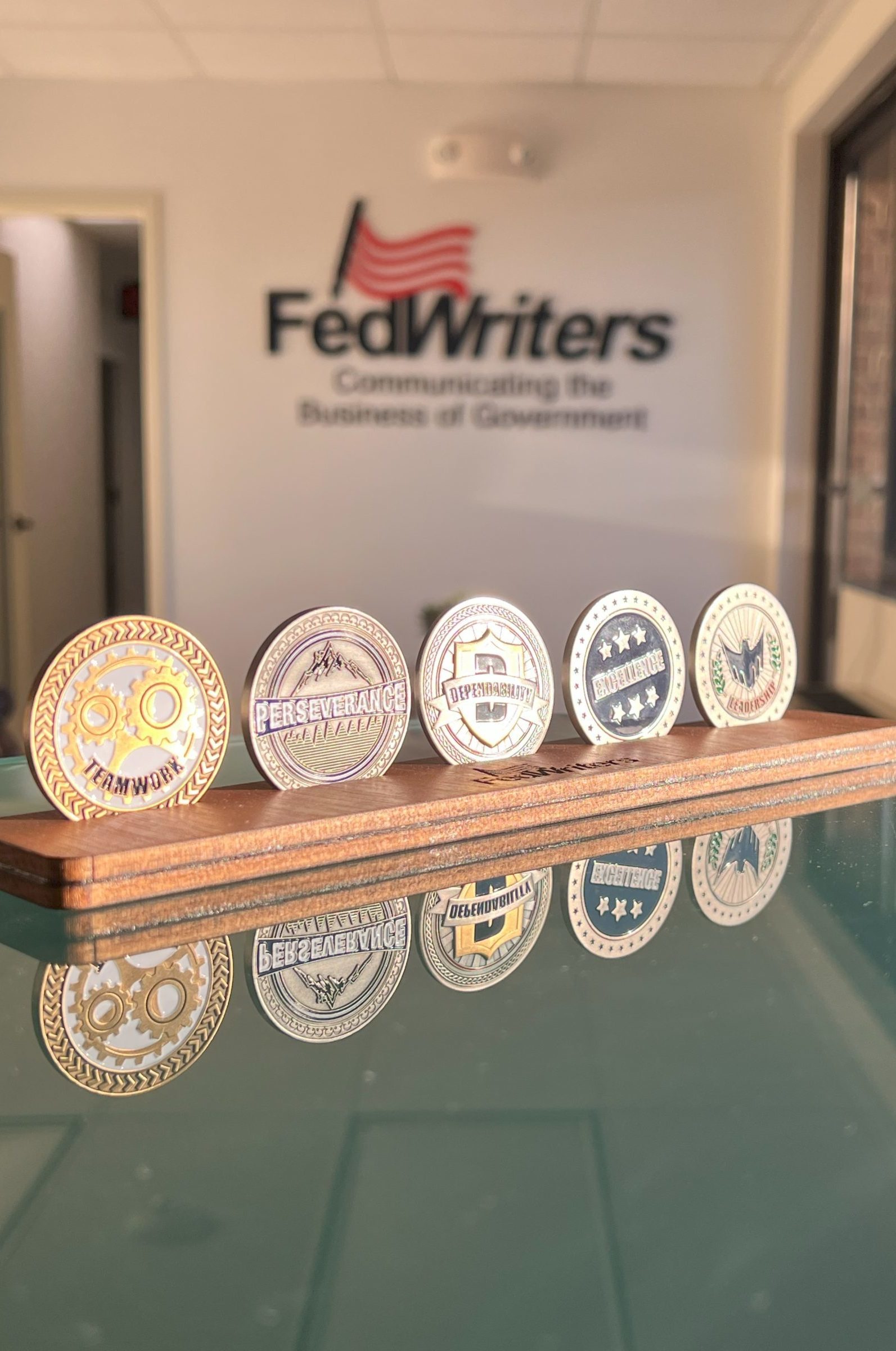 All 5 FedWriters' challenge coins standing in custom holder.