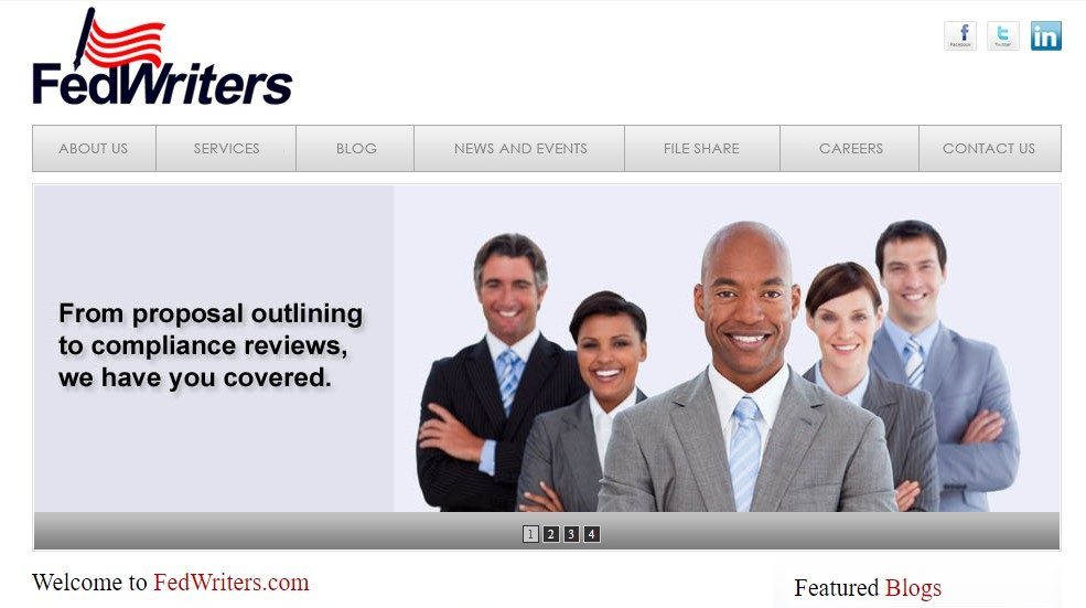 Screenshot of old homepage of FedWriters website--