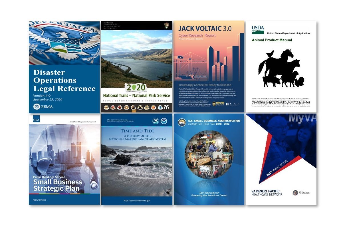 Covers of various publications by FEMA, the National Park Service, USDA, GSA, NOAA, and more
