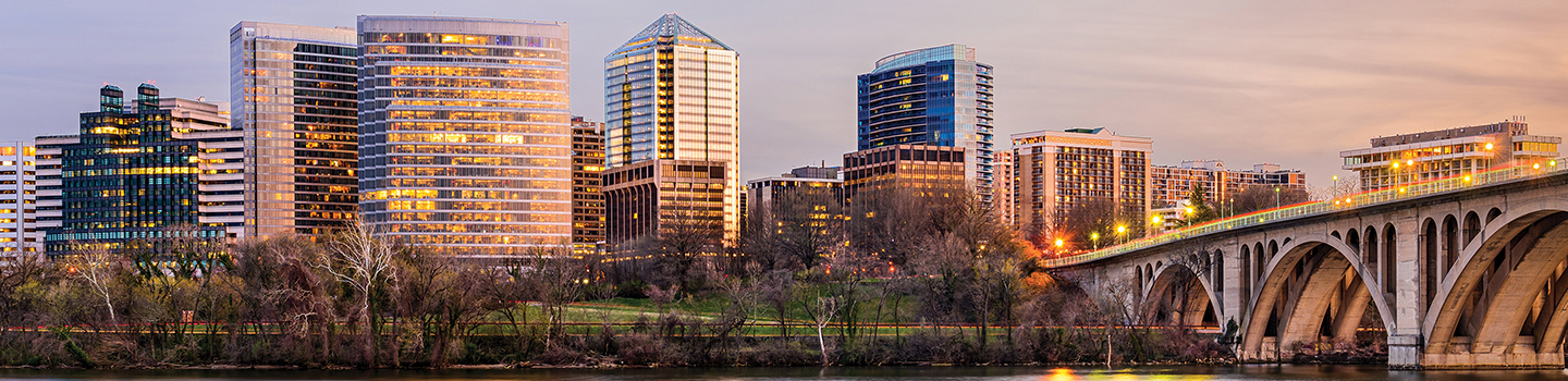 Evening skyline of Rosslyn, Virginia and the Key Bridge over the Potomac River.