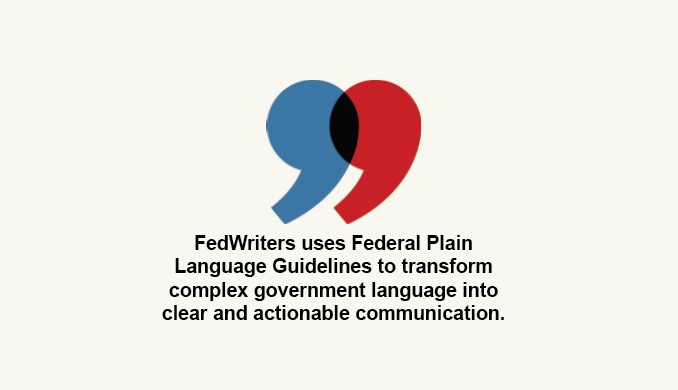 Plain Language symbol (two overlapping quotation marks, one blue, one read)--
