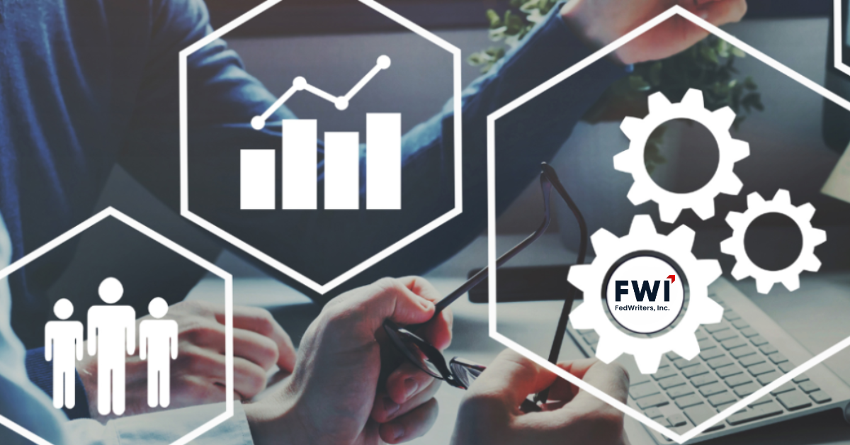 a business collaboration scene with data charts, workforce icons, and gears, symbolizing federal contracting support in operations, analytics, and workforce solutions.