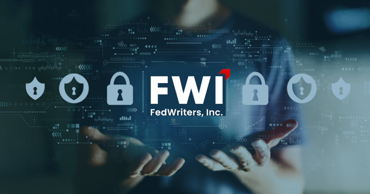 FWI logo centered over a digital cybersecurity background with shield and padlock icons, representing secure data and information protection.