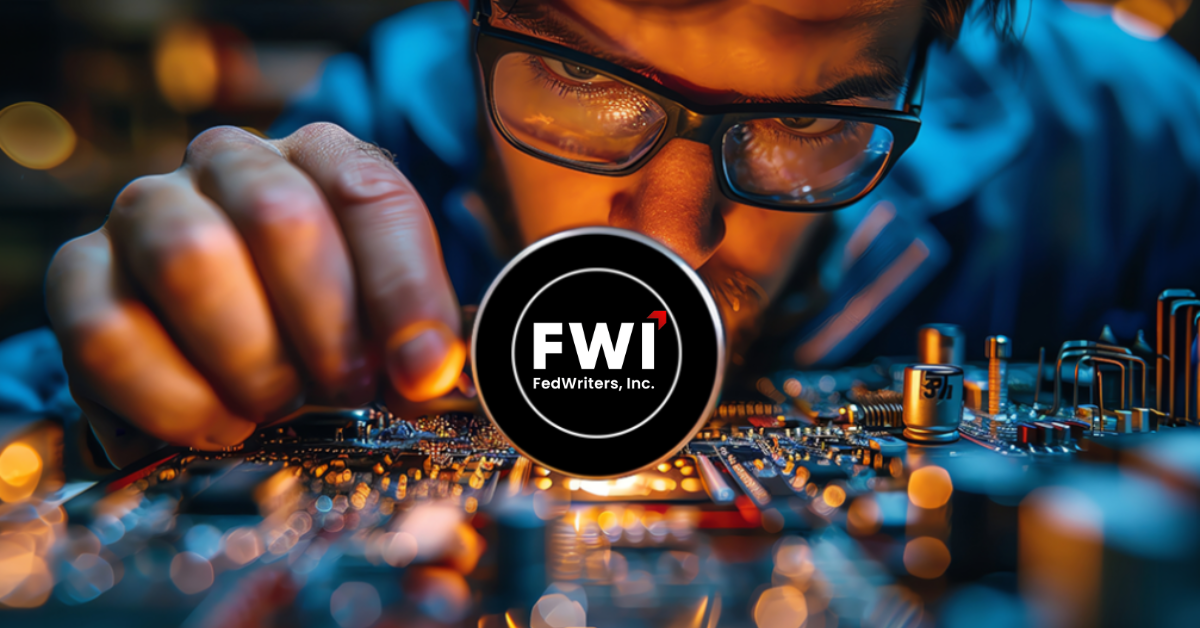 a technician examining microchips on a circuit board, representing government contractor support in technical writing, engineering, and technology services.