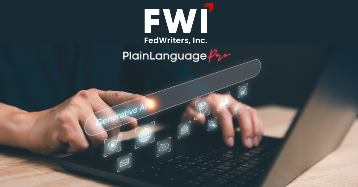 Hands at a computer using AI for Plain Language compliance